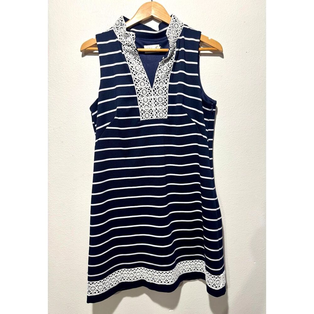 Eliza J dress coastal spring summer vacation black white stripes trim women M